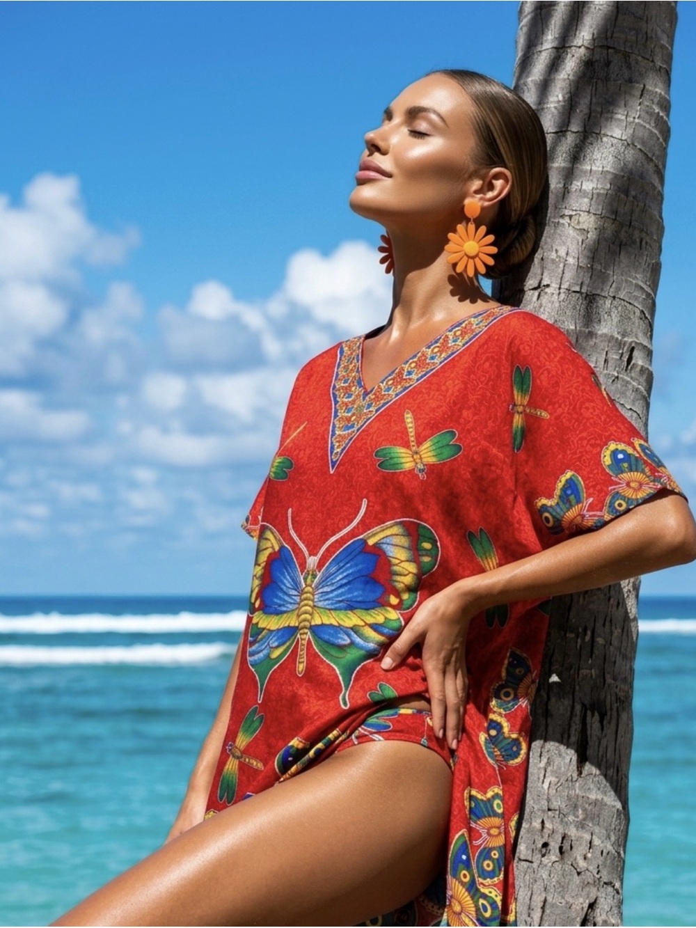 Summer Holiday Vibrant Red and Blue Butterfly Swim Coverup